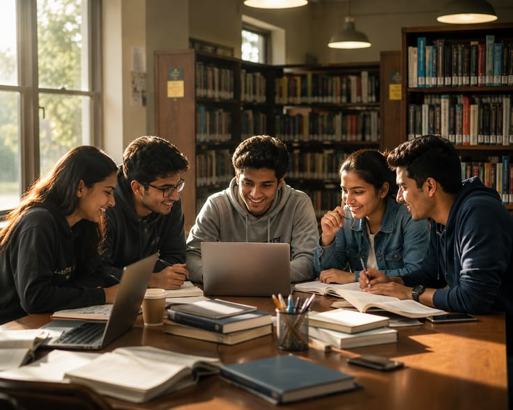 Illustrative image of students preparing together in a library